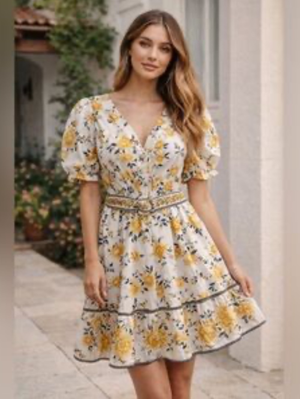 Joie Yellow Floral Belted Ruffle Dress size 6